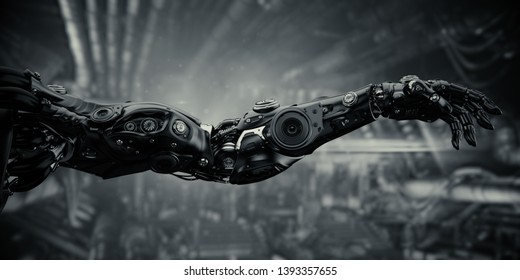 Robotic arm on sci-fi background, 3d rendering
