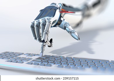robotic arm working with computer keyboard closeup image