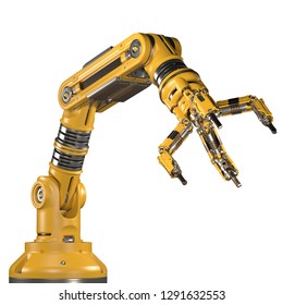 Robotic Arm. Yellow Mechanical Hand. Industrial Robot Manipulator. Futuristic Industrial Technology. Isolated On White Background. 3D Render