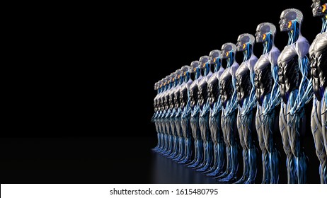 Robotic Army Of Cyborg Humanoids 3d Render