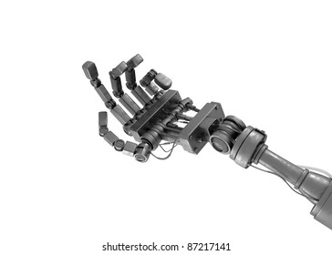Robotic begging hand isolated on white