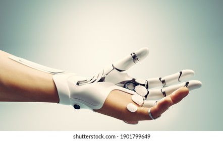 Robotic Bionic Hand Connected With Human Hand. Modern Technology, Prosthesis Medicine. 3D Illustration