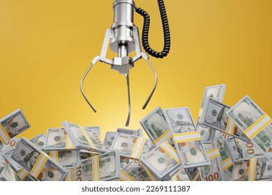 Robotic claw of grab machine is grasping stacks of one hundred US dollar bills. 3D illustration of the concept of earning profit, successful investment and business competition