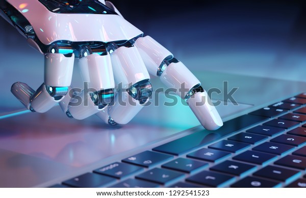 Robotic cyborg hand pressing a keyboard on a laptop 3D rendering