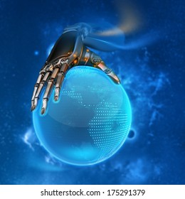 Robotic Electric Android Hand Holding Blue Shining Earth Globe As Futuristic Sci-fi Design Concept