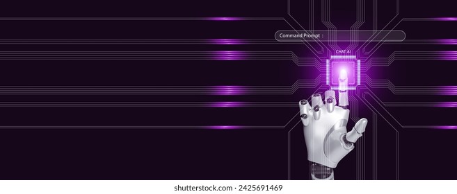 Robotic hand activates the chip, CPU, for chat with ai through a command prompt bar with electronic circuit Chatbot or chat AI concept