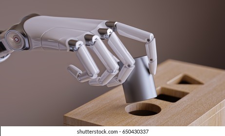 Robotic Hand with Cylinder and Shape Sorting Toy Closeup. Machine Learning and Recognition Concept 3d Illustration