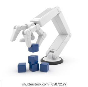 Roboter Hand sammeln Würfel 3d. Künstliche Intelligenz. Einzeln auf weißem Hintergrund