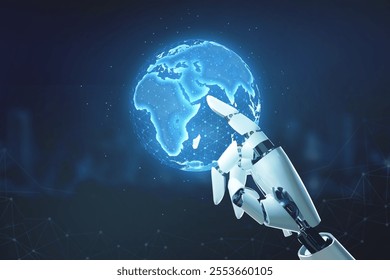 Robotic Hand Interacting with Global Network: A robotic hand, composed of sleek, white metal, reaches out to touch a glowing blue hologram of the Earth