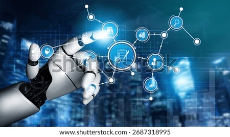 A robotic hand interacts with a digital network, displaying various technology icons. The scene represents the fusion of technology and innovation in a vibrant urban setting. Tessel