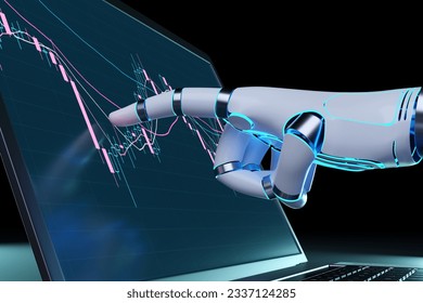 Robotic hand pointing at a candlestick chart of stock market. 3D illustration of the concept of stock portfolio picks by artificial intelligence