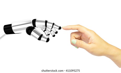 Robotic Hand Pointing At Woman's Hand Nearly Touching Each Other Machine Human Interaction Concept 3D Illustration