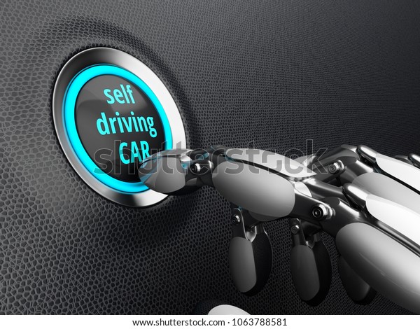 Robotic hand, presses the start button of\
the self driving car. 3D\
illustration.
