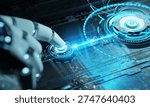 Robotic hand pressing a digital button activating holographic interface. Artificial Intelligence concept. 3D rendering