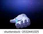 Robotic hand reaching out, futuristic design. The robotic hand is illuminated, showcasing advanced technology. Robotic hand against a dark, mysterious background. Futuristic and technology.