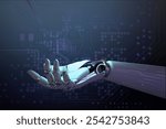 Robotic hand reaching out, symbolizing technology and innovation. The robotic hand is set against a digital background, emphasizing robotics and futuristic themes. Innovation and technology background