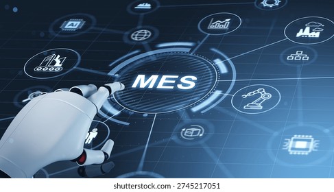 Robotic hand touching MES interface in futuristic digital style on a glowing blue background, representing smart manufacturing concept. 3D Rendering