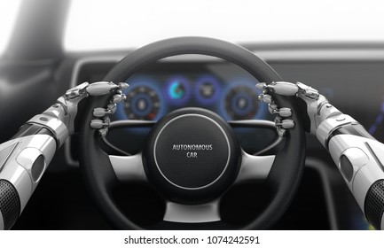 Robotic Hands On Steering Wheel While Driving Autonomous Car. 3D Illustration.