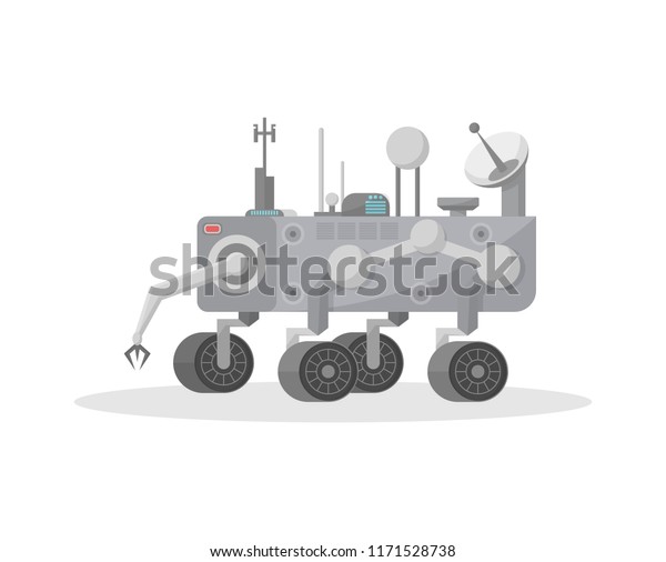 Robotic mars rover with hand manipulator icon.\
Space autonomous vehicle for planet exploration and cosmic\
colonization illustration in flat\
style.
