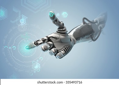 A robotic mechanical arm looks as like a human hand. Finger touching gesture. Cyber with Artificial Intelligence working with virtual Infographic HUD. Shining icons as control elements on background.