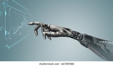 A Robotic Mechanical Arm Looks As Like A Human Hand Touching A Touchscreen. Cybernetic Organism With Artificial Intelligence Working With Infographic Background. Futuristic Design Concept