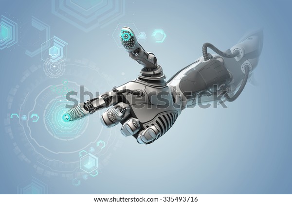 ロボットの機械的アームは人間の手のように見えます 指を触るジェスチャー Cyber With Artifice Intelligenceは 仮想インフォグラフィックhudと連携しています 背景にコントロールエレメントとして輝くアイコン のイラスト素材 ロボットの機械的アームは人間の手のように見えます 指を触るジェスチャー Cyber With Artifice Intelligenceは 仮想インフォグラフィックhudと連携しています 背景にコントロールエレメントとして輝くアイコン のイラスト素材