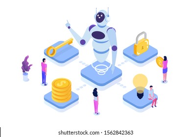 Robotic Process Automation Concept, RPA. Robot Or Chat Bot Helps People In Different Tasks.  Isometric Illustration.