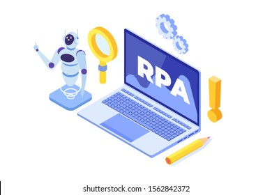 Robotic Process Automation Concept, RPA. Robot Or Chat Bot Helps People In Different Tasks.  Isometric Illustration.