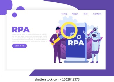 Robotic Process Automation Concept, RPA. Robot Or Chat Bot Helps People In Different Tasks.  Illustration.