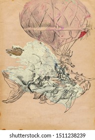 robotic sea horse sitting on an airship in the shape of a dangerous fish - vintage and retro fantasy illustration, mixed media, drawings and 3D
