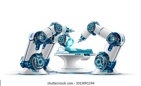 Robotic surgery. Robot surgeon makes a surgery patient on the operating table. Robotic arms holding the surgical instruments. Modern medical technologies. Innovation in medicine. Future concept.