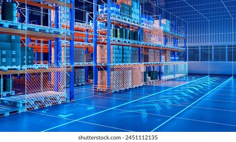 Robotic warehouse. Distribution center with racks. Computer vision lines in storage. Robotic warehouse with arrows for robots. Logistics center. Storage inside hangar. Automated warehouse. 3d image - Powered by Shutterstock