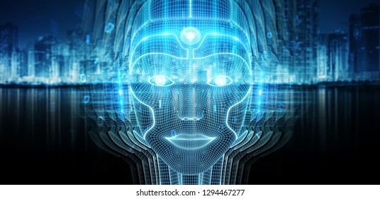 Robotic woman cyborg face representing artificial intelligence concept 3D rendering