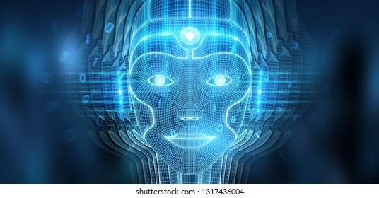 Robotic Woman Cyborg Face Representing Artificial Intelligence Concept 3D Rendering