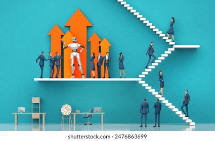 Robots, artificial intelligent being introduced to business people, People working and cooperating with robots and AI. 3D render illustration