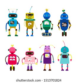 Robots For Girls And Boys Isolated On White Background. Robot Girl Toy, Character Robo Boy Electronic Illustration