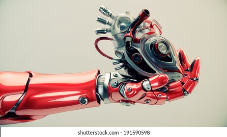 Robot's hand holds robotic heart