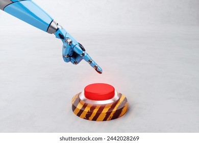 A robot's hand presses a red button, close-up, light background. Concept panic button, threat of artificial intelligence, rocket launch, start of new technologies. 3D renderer