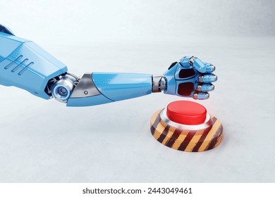 A robot's hand presses a red button, close-up, light background. Concept panic button, threat of artificial intelligence, rocket launch, start of new technologies. 3D renderer