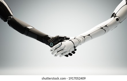 Robots handshake. Robotic hands gesture of deal and agreement. 3D illustration - Shutterstock ID 1917052409