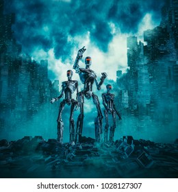 Robots on patrol / 3D illustration of science fiction scene with three military robots searching ruins of futuristic dystopian city