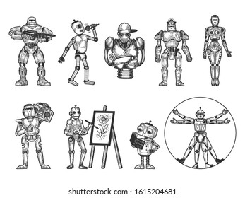 Robots Set Sketch Engraving Vector Illustration Stock Vector (Royalty ...