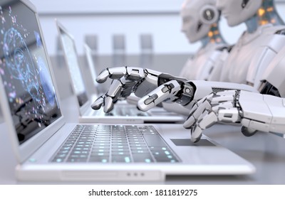 Robots working with laptops. 3D illustration