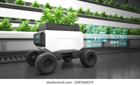 Robots working on a vegetable farm, Agricultural technology. 3D illustration
