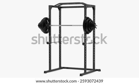 A robust squat rack designed for weightlifting, featuring a securely loaded barbell, ideal for fitness enthusiasts.