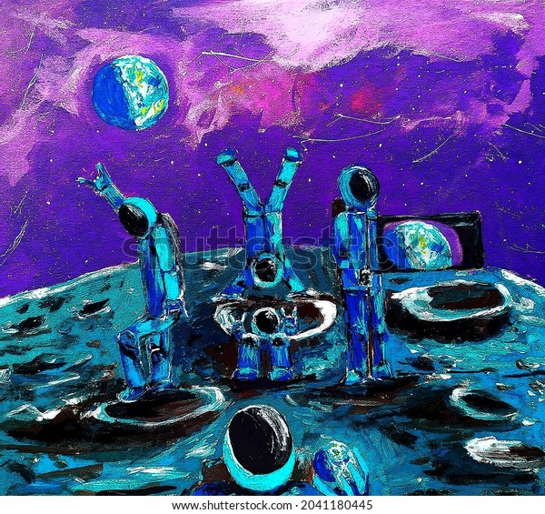 The rock band astronauts are tripping on the\
surface of the Moon. The gouache funny illustration for colorful\
prints, posters, wrapping paper, backgrounds, wallpaper, textile,\
postcards, t-shirts.