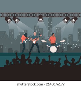 Rock concert festival, popular band on stage, cartoon fans and spectators listen to music, entertainment show and world tour. rock and roll, punk or metal, singer and spectators illustration - Powered by Shutterstock