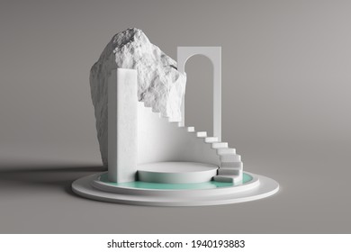 Rock Concrete Stairs Arch White Cold Scene Curve Round Product Display Podium Commercial Advertisement Concept Cool Courtyard Product Advertisement Fashion Cosmetics Skincare. 3D Illustration.