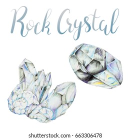 Rock crystal mineral cluster and faceted gem isolated on white background. April birthstone with lettering. Hand painted illustration of gems drawn with colored pencils