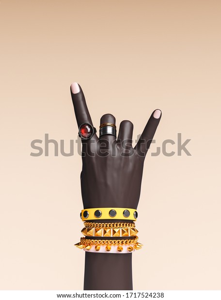 ロックハンドサイン 女性の手のパンクロックジェスチャー 金色の手首ブレスレットと指輪 クリエイティブアートの抗議バナー ファッションヒップスターのアクセサリー 3dレンダリング の イラスト素材
